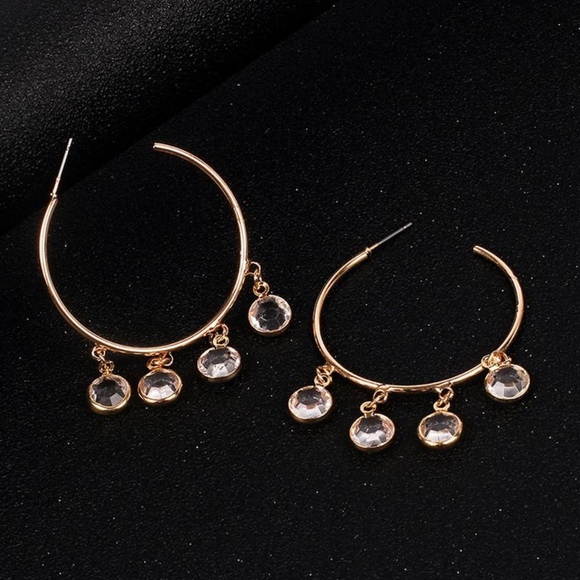 ✨ Gold Charm Hoop Earrings With Dangling Crystals - Picture 4 of 5